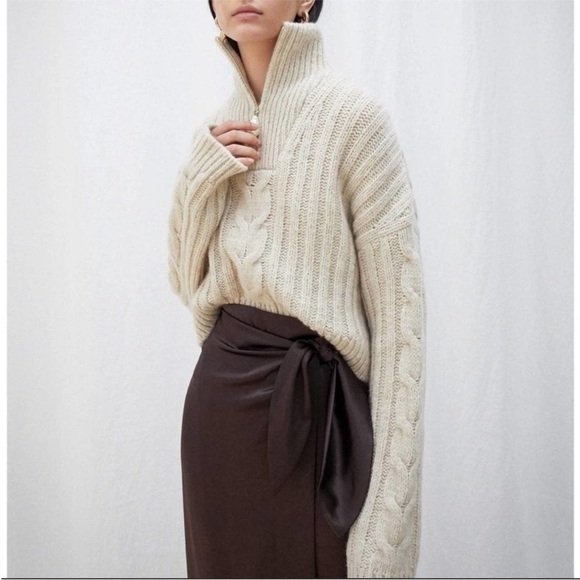 Nanushka Sweaters - NANUSHKA Cotton Half Zip Chunky Cable Knit Ribbed Oversized Crop Sweater M